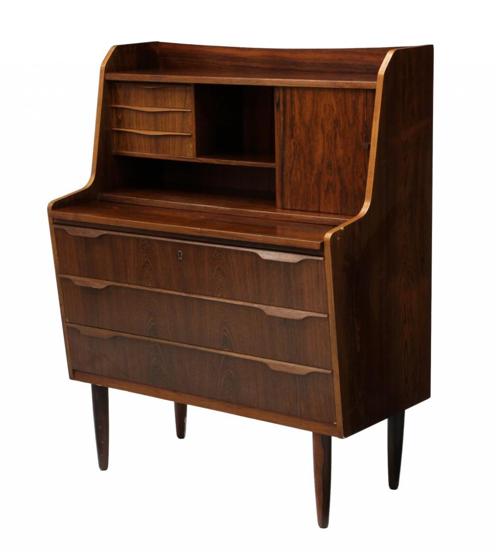 DANISH MID-CENTURY MODERN ROSEWOOD BUREAU: Danish mid-century modern rosewood bureau, upper section having three short drawers and a door opening to a short slated dressing mirror and storage shelf, lower section having three full length drawe