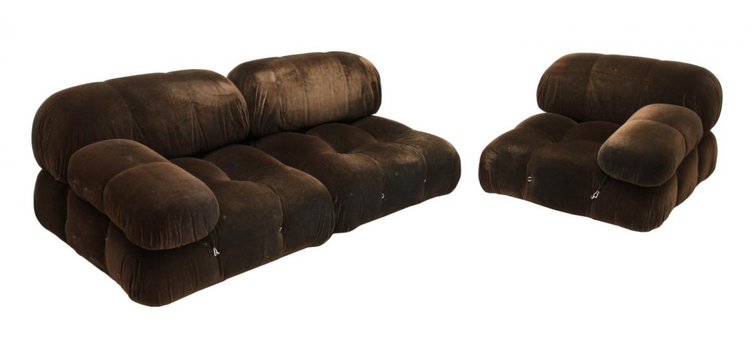 (3) ITALIAN MODERN SECTIONAL LOUNGE CHAIRS / SOFA: (set of 3) Italian modern "Camaleonda" lounge chairs / sectional sofa, c. 1970's, design attributed to Mario Bellini (Italian, b. 1935) for B&B Italia, brown velvet-like upholstery, stainless steel ri