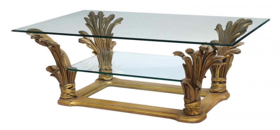 FRENCH GILTWOOD & GLASS COFFEE TABLE: French giltwood and glass coffee table, 20th c., rectangular beveled glass top on supports carved in the form of stalks of wheat, joined by a median glass shelf, ending in a shaped rectangular base, b