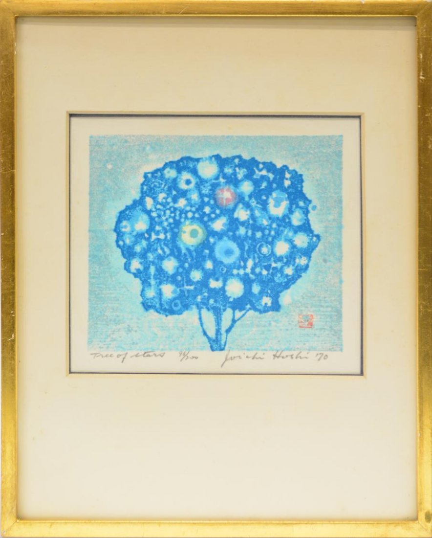 Hoshi, Japanese Woodblock Print, 'Tree of Stars': Framed Japanese woodblock print, “Tree of Stars” by Joichi Hoshi (Japanese, 1913-1979), bottom title, number 96/200, signature and dated ‘70 in pencil, red mark to lower right corner, some wear 