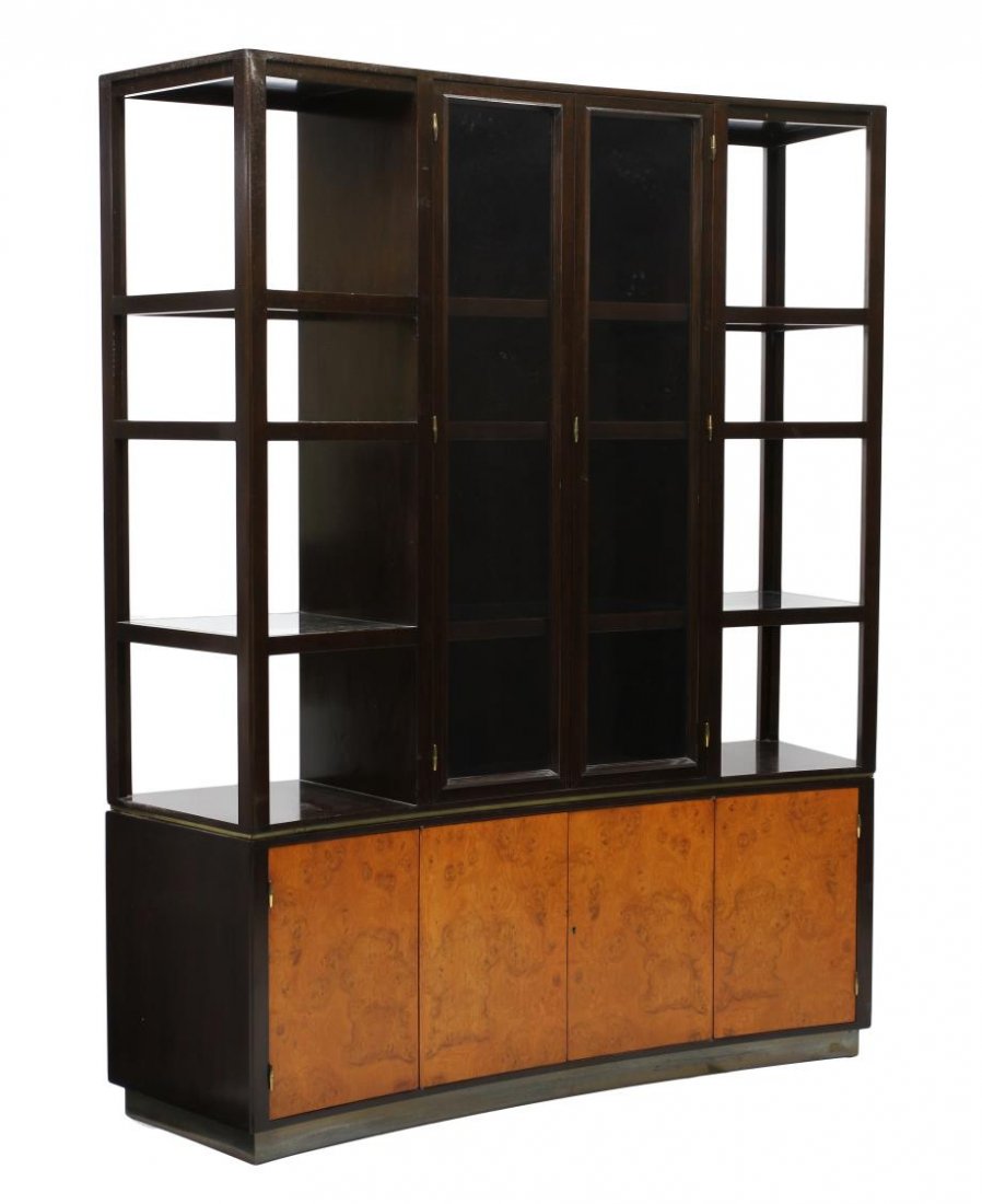 EDWARD WORMLEY DUNBAR DISPLAY CABINET #6027: Dunbar two part display cabinet, Model 6027, design by Edward Wormley (American, 1907-1995), a convex form, the upper cabinet with two central doors opening to glass inset display shelves, flanking op