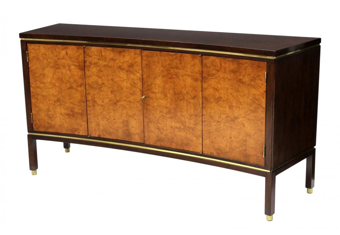 WORMLEY DUNBAR SIDEBOARD CABINET, #6025: Dunbar sideboard, Model 6025, design by Edward Wormley (American, 1907-1995), a convex form with dark mahogany top over four carpathian elm faced doors, two center doors opening to a shelf and drawer,