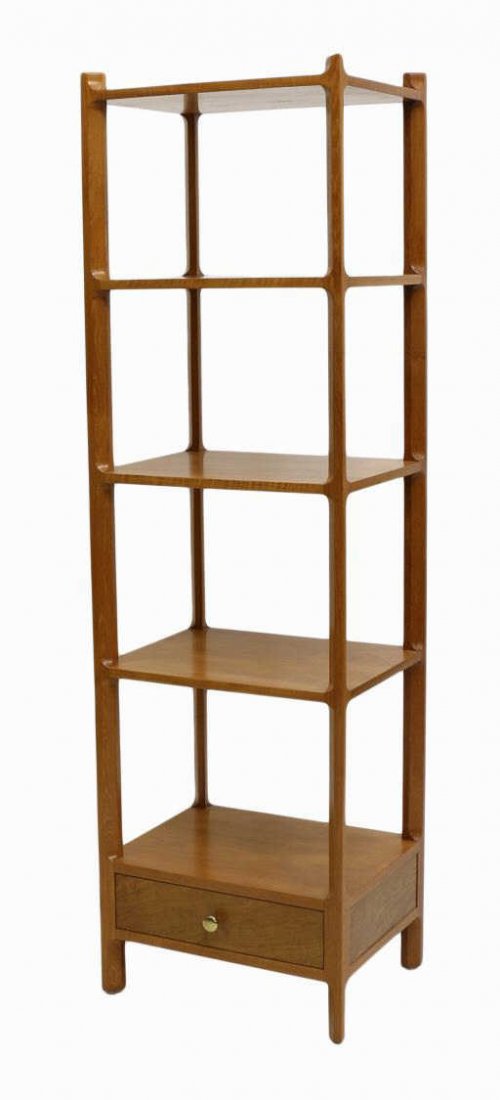 SCARCE EDWARD WORMLEY DUNBAR ETAGERE #6775: Dunbar etagere Model 6775 Eden, design by Edward Wormley (American, 1907-1995), oak and teakwood, four shelves over a single lower drawer with Dunbar metal tag, rising on shaped straight legs, 61.75"h