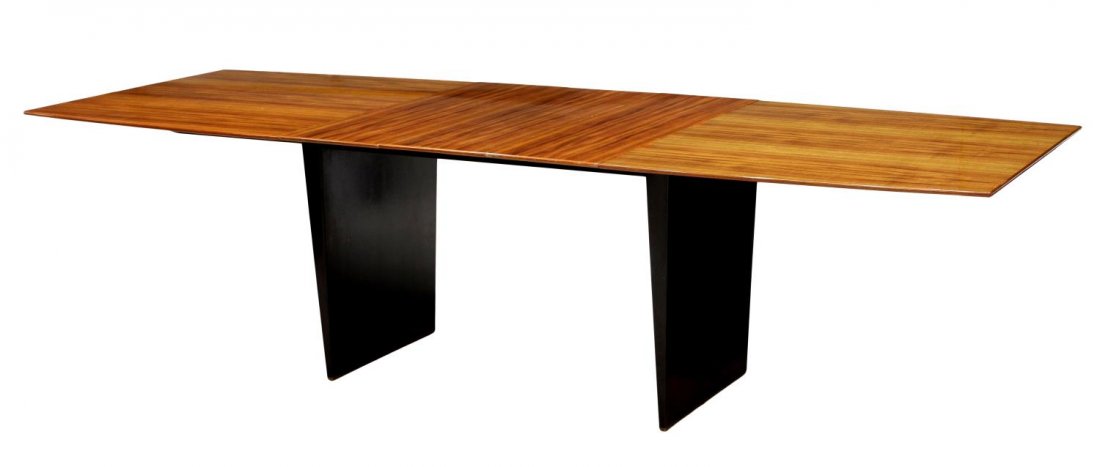 WORMLEY DUNBAR MAHOGANY DINING TABLE, #5460: Dunbar dining table, Model 5460, design by Edward Wormley (American, 1907-1995), the mahogany tapered rectangular top raised on two pedestals, together with three 12" leaves opening to 108"l, Dunbar g