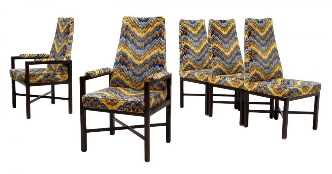 (5) WORMLEY DUNBAR UPHOLSTERED DINING CHAIRS: (5) Dunbar walnut framed dining chairs, design by Edward Wormley (American, 1907-1995), upholstered in velour zig zag striped fabric, raised on square legs, Dunbar 'D' tag at underside: (2) arms chair