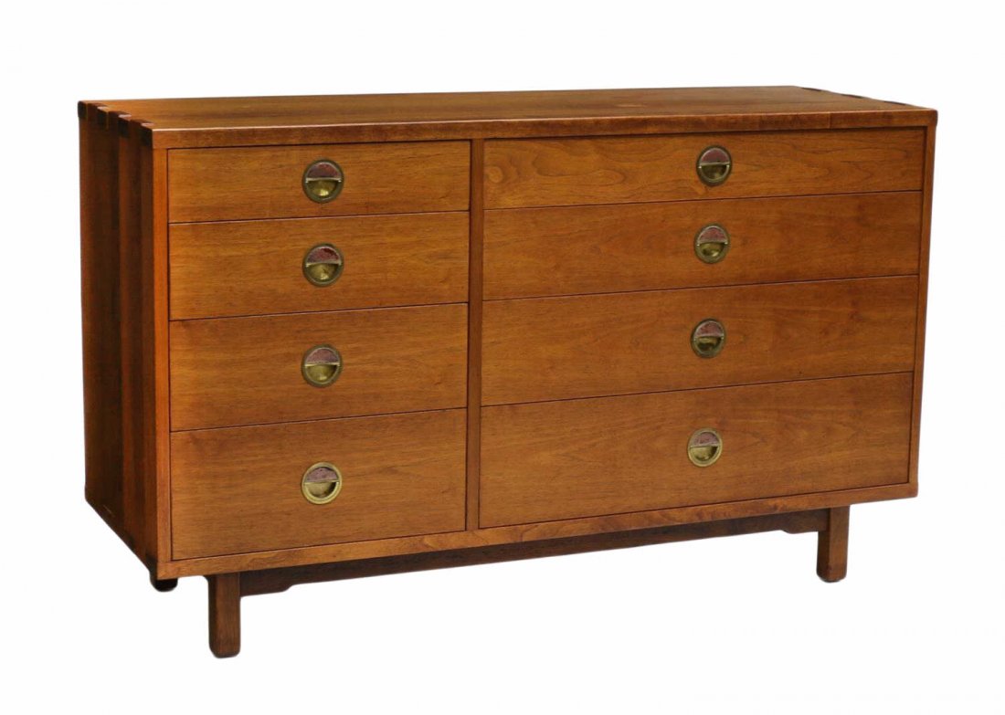 EDWARD WORMLEY DUNBAR NATZLER DRESSER: Dunbar chest, design by Edward Wormley (American, 1907-1995), accented at the inset brass pulls with Natzler tiles (Otto Natzler, Austria, California, 1908-2007, Gertrud Amon Natzler, Austria, Califor