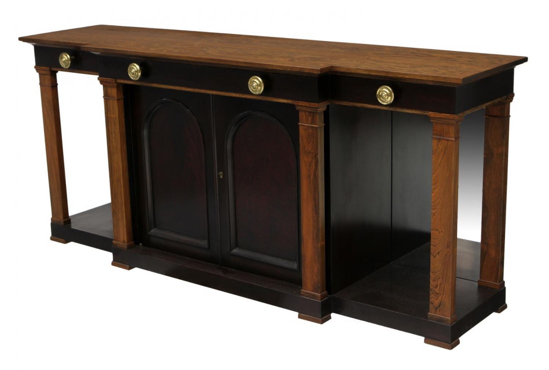 WORMLEY DUNBAR SIDEBOARD CABINET, #6304: Dunbar sideboard cabinet, Model 6304, design by Edward Wormley (American, 1907-1995), a breakfront with natural and ebonized finish, a central long frieze drawer flanked by a silver drawer at each sid