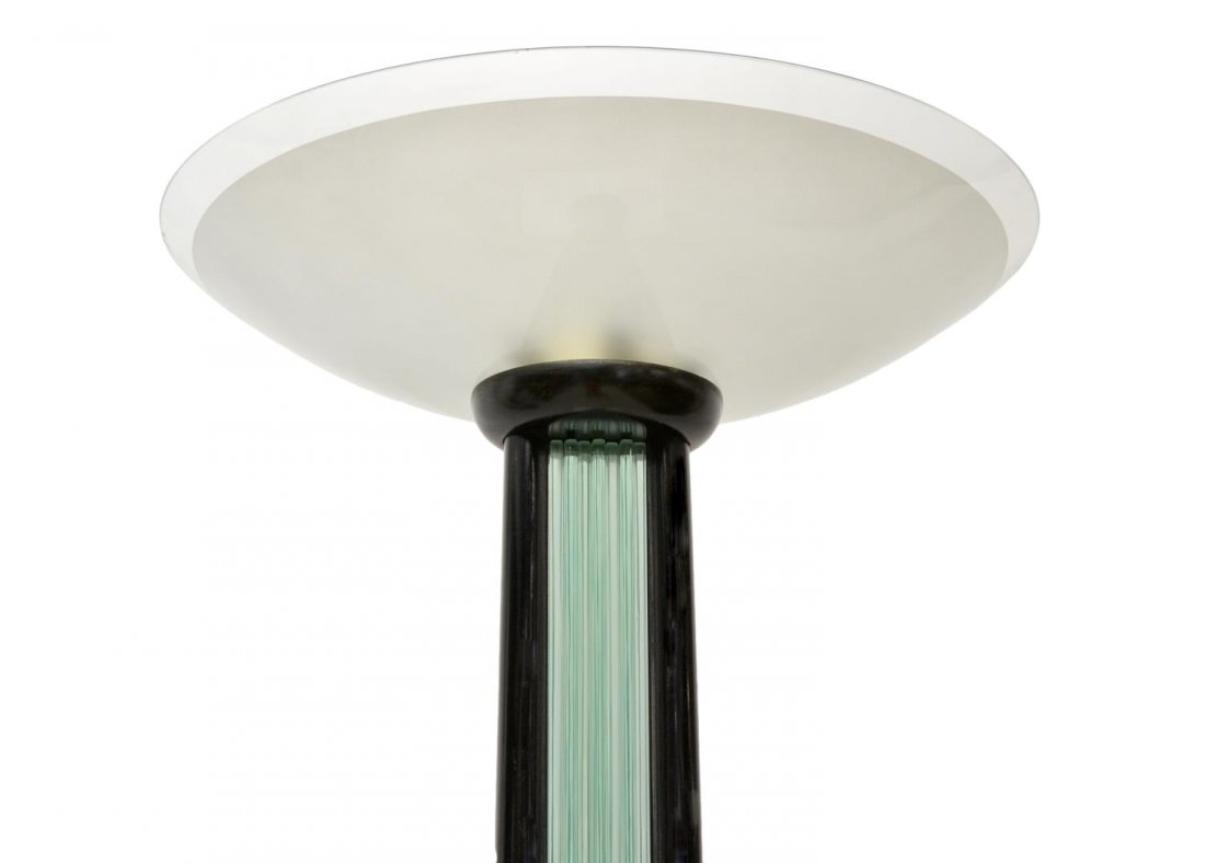 ITALIAN PIETRO CHIESA DESIGN TORCHIERE LAMP: Italian mid-century torchiere lamp, designed by Pietro Chiesa (1892-1948) for Fontana Arte, c. 1940, black wooden and thick glass standard issuing single large light, on a circular black base, slight 