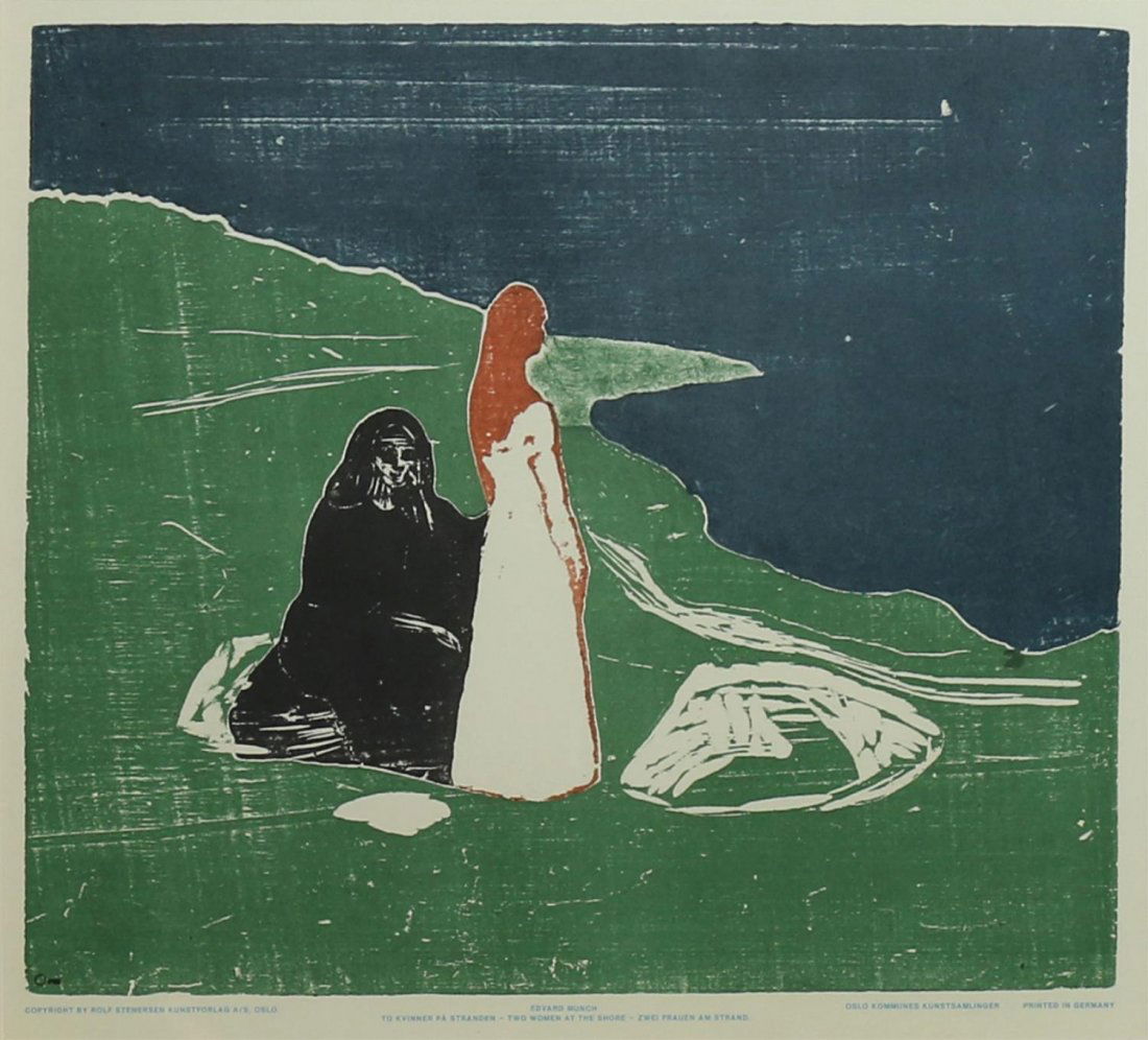 FRAMED PRINT, AFTER EDVARD MUNCH, TWO WOMEN AT THE: Framed print, after Edvard Munch, "Two Women at the Shore", lower edge of print copyright by Rolf Stenursen Kunstforlag A/S, Oslo, Printed in Germany, Oslo Kommunes Kunst SA Mlinger... sight: 20" h, 2