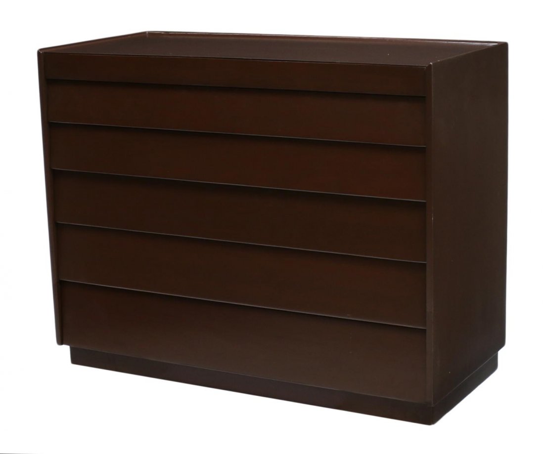WORMLEY DUNBAR COMMODE DRESSER: Dunbar commode dresser, design by Edward Wormley (American, 1907-1995), rectangular, the top slightly raised at back and sides, six graduated size slant front drawers, the top drawer with fittings, ra