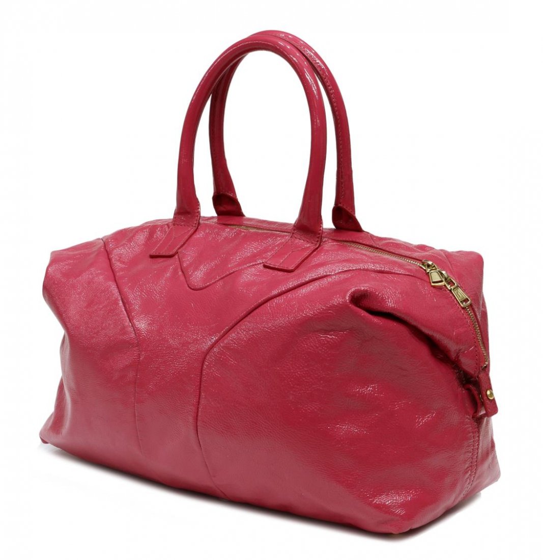 YVES SAINT LAURENT PINK PATENT LEATHER HANDBAG: Yves Saint Laurent handbag in pink patent leather with gold tone hardware, black fabric interior with one side zipper pocket and two open cell pockets, single zipper closure, minor pink marks to exter