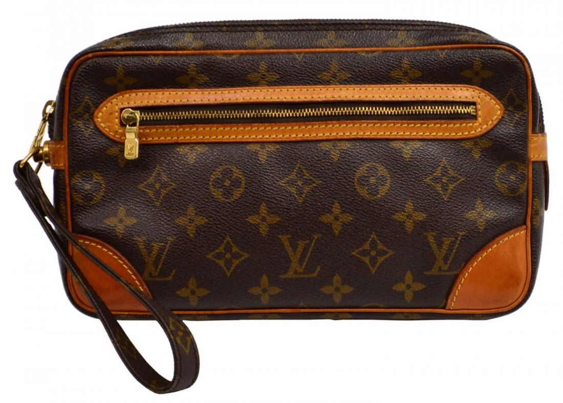 LOUIS VUITTON 'MARLEY' MONOGRAM CANVAS POUCH: Louis Vuitton “Marley” pouch in brown monogram canvas, wrist strap, the case having zipped pockets to both the exterior and interior, some patination, spotting to leather trim, bag: approx 6”h,