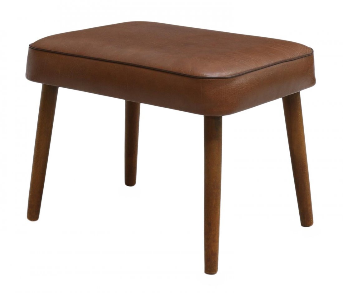 DANISH MID-CENTURY MODERN LEATHER & WOOD STOOL: Danish mid-century modern stool, with a rounded square light brown leather upholstered cushion on cylindrical teakwood legs, approx 14.75"h, 18.5"w, 13.75"d Start Price: $60.00