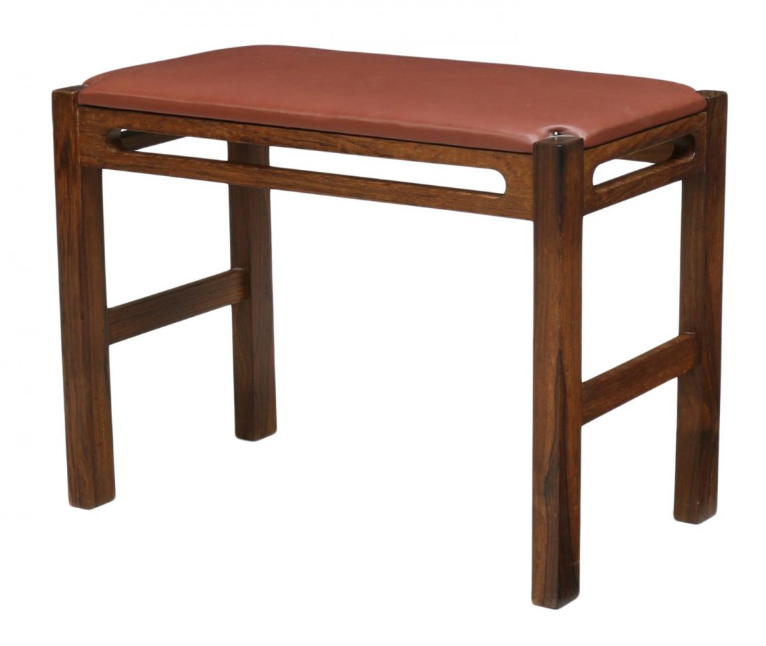 DANISH MID-CENTURY MODERN LEATHER SEAT VANITY STOOL: Danish mid-century modern vanity stool, 1960's, rectangular with brown leather top, stretcher joined squared legs, 17"h, 22.5"w, 13"d *Provenance: Estate of Walter Hamilton White (Texas, 1934-2014), a