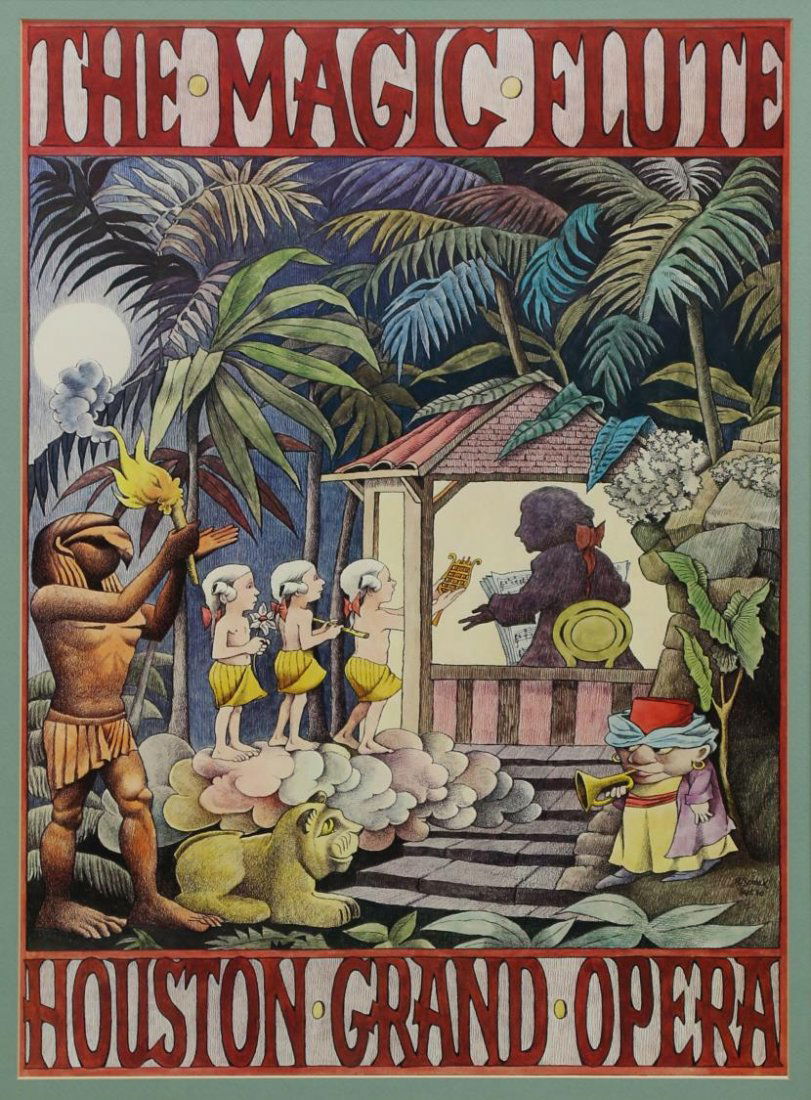 FRAMED POSTER, THE MAGIC FLUTE, MAURICE SENDAK: Framed poster, The Magic Flute at the Houston Grand Opera, after Maurice Sendak, dated Sept '80, sight: 22.5" h, 17w, overall: 30" h, 23.5 w, 10 lbs *Provenance: Estate of Walter Hamilton White (Texas