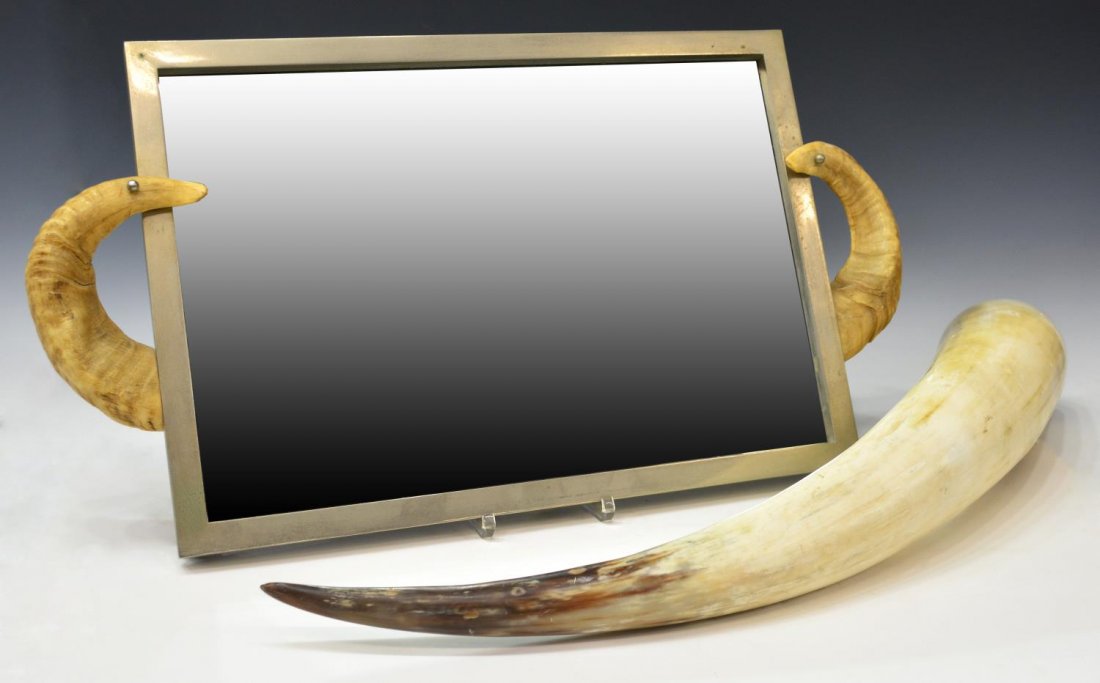 (2) HORN HANDLE DRESSING TRAY & LARGE HORN: (lot of 2) Group of horned table articles, including: (1) mirrored and silvered metal tray with horn handles, on metal peg feet, approx 2.5"h, 26"w, 13.25"d; (1) large vintage horn, 20th c., approx 28