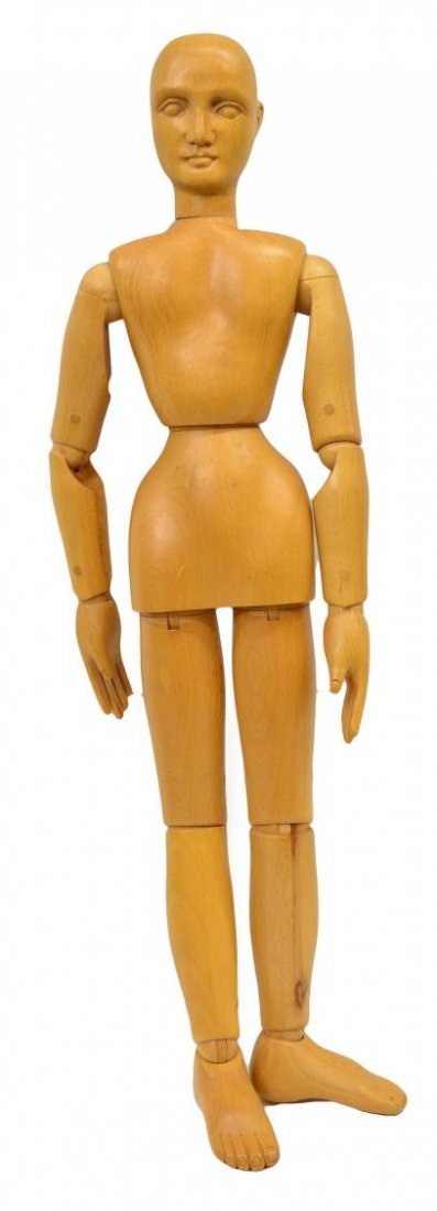 LARGE ARTICULATED WOOD ARTIST MODEL MANNEQUIN: Large articulated wood artist's figure model with pegged ball-and-socket joints, 30.5"h, 8.25lbs *Provenance: Estate of Walter Hamilton White (Texas, 1934-2014), a Dunbar Furniture Company associate i