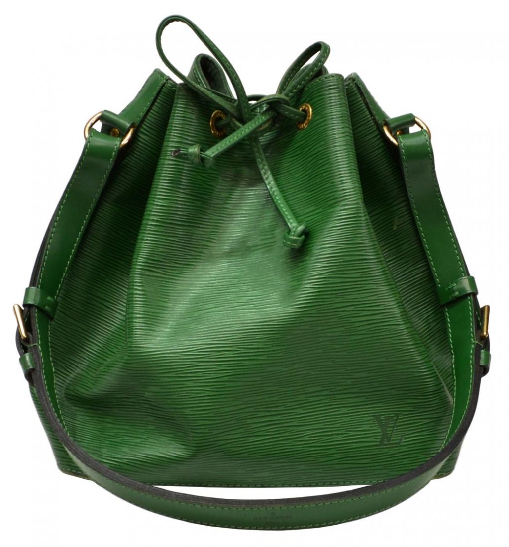 LOUIS VUITTON GREEN EPI LEATHER NOE PM PURSE: Louis Vuitton "Noe PM" shoulder bag in green Epi leather with drawstring closure, interior with gilt metal ring tab, some pen marks to interior, bag: approx 10.5"h, 14"w, 1lb Start Price: $200.00
