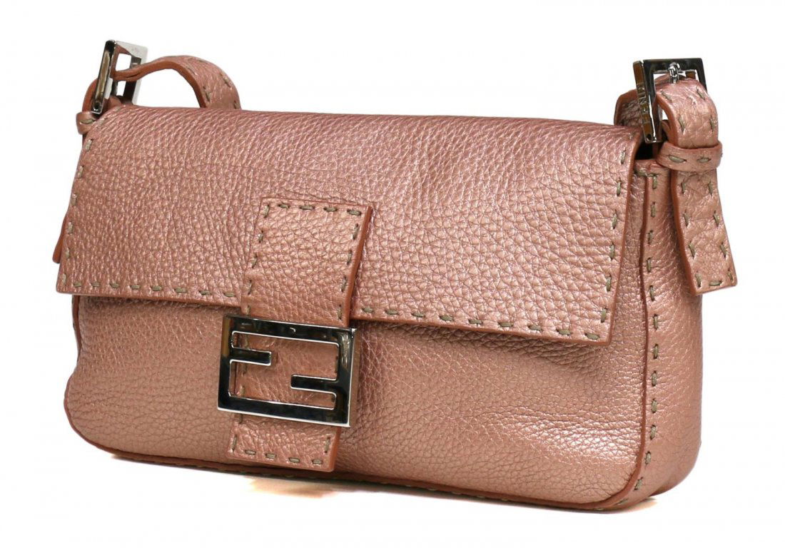 FENDI SELLERIA BAGUETTE METALLIC LEATHER PURSE: Fendi "Selleria" baguette shoulder bag in coral pink metallic grained leather, silver tone hardware, "FF" logo nameplate on front flap, magnetic snap clasp opening to beige suede micro fiber lined int