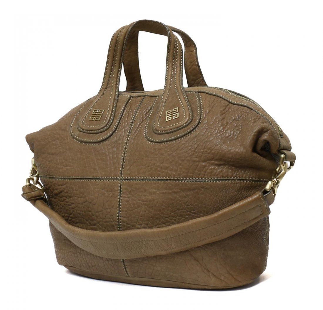 GIVENCHY NIGHTINGALE LEATHER SHOULDER BAG PURSE: Givenchy 'Nightingale' shoulder bag in beige / 'linen' pebbled leather, brushed gold tone hardware, dual zip top closure opening to black lined interior with single zip side pocket, slip pocket and ce
