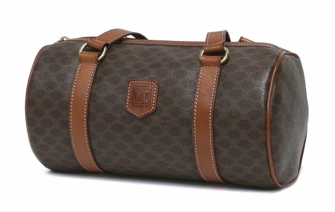 CELINE BROWN MACADAM MONOGRAM BARREL PURSE: Celine Paris barrel bag / shoulder bag in brown macadam monogrammed canvas, brown leather handles and trim, gold tone hardware, zipper opening to brown lined interior with single zip side pocket, very