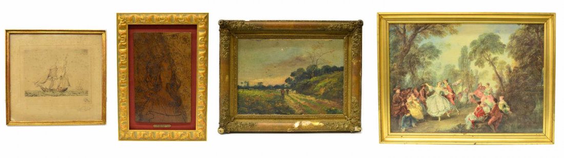 (4) COLLECTION OF ASSORTED FRAMED ART: (lot of 4) Group of framed artwork, comprising: (1) print of a ship, illegible signature to right bottom corner; (1) pyrography portrait of a lady, in the manner of Mucha Alphonse (Czech, 1860-1939),