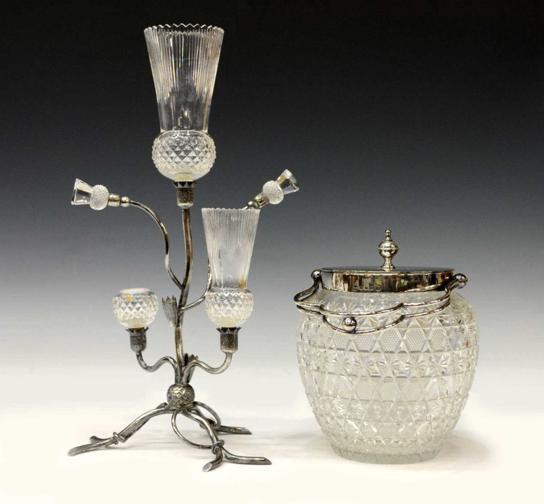 (2) CUT GLASS & SILVERPLATE THISTLE EPERGNE & JAR: (lot of 2) Cut glass and silver plate table items: (1) silver plate epergne fashioned as curving branches, set with cut glass thistle form vases and accents, possibley lacking two glass pieces near ba