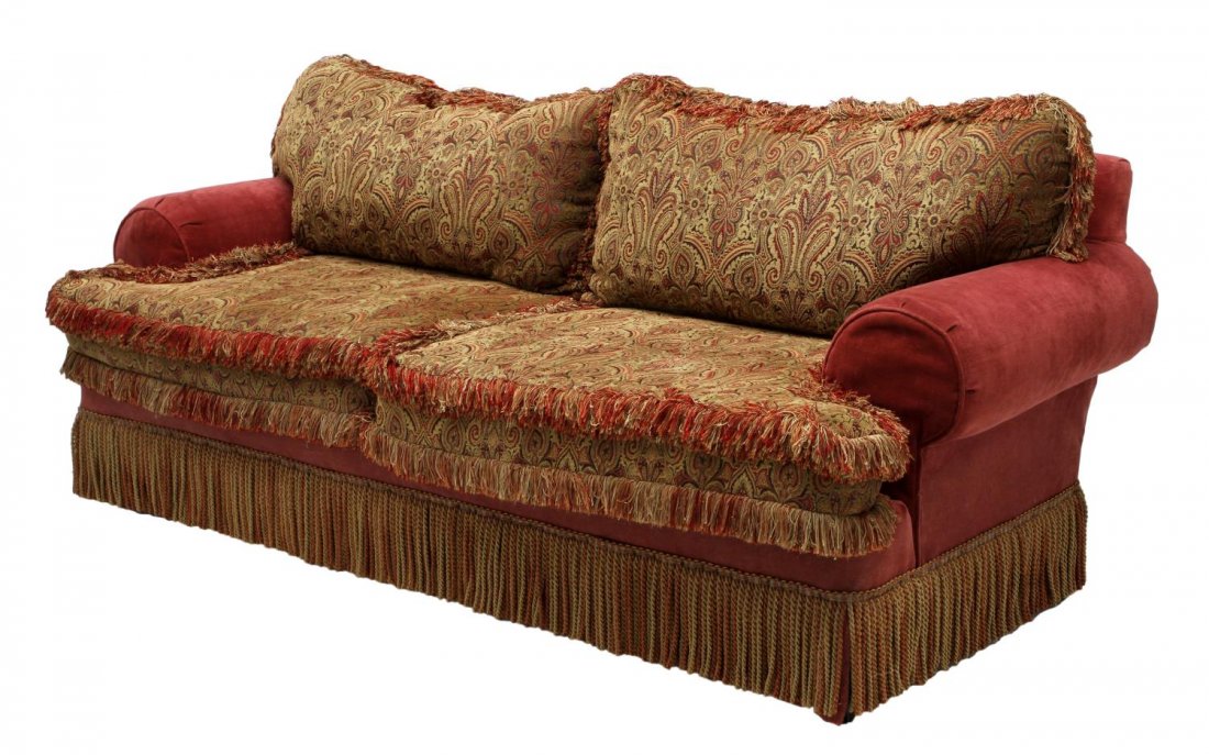 LARGE SHERRILL CONTEMPORARY OVERSTUFFED LOVESEAT: Large overstuffed loveseat upholstered in red and gold brocade fabric, Sherrill Furniture, Hickory, N. C., rolled arms and upholstered frame around the two seat sofa, loose back and seat cushions, rop