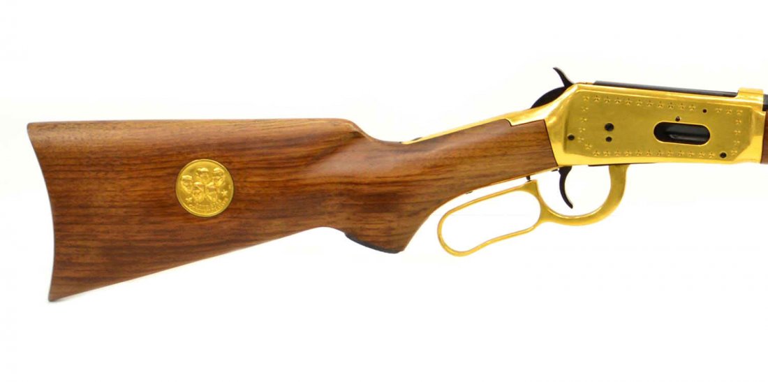 WINCHESTER MODEL 94 LONE STAR COMMEMORATIVE RIFLE: Winchester Lone Star Commemorative saddle ring carbine , Model 94, lever action, .30-30 Win caliber, 20" half round, half octagonal barrel, gilt receiver, lever, barel band, magazine plug, and buttpla