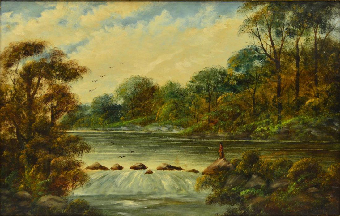 PAINTING AFTER THOMAS HILL, FALLS ON THE DEE: Framed oil painting on board, Falls on the Dee, after Thomas Hill (American, 1829-1908), spurious signature to the lower right, title and artist name on lower frame, title,artist and date written vers