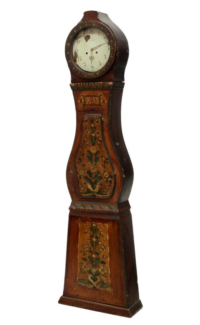 DANISH FLORAL PAINTED TALL CASE CLOCK, 19TH C.: Danish antique tall case clock, mid 19th c., the pine case decorated with polychrome floral with painted date of 1853, weight driven time and strike movement, loss to paint at face, wood splits, 76.5"
