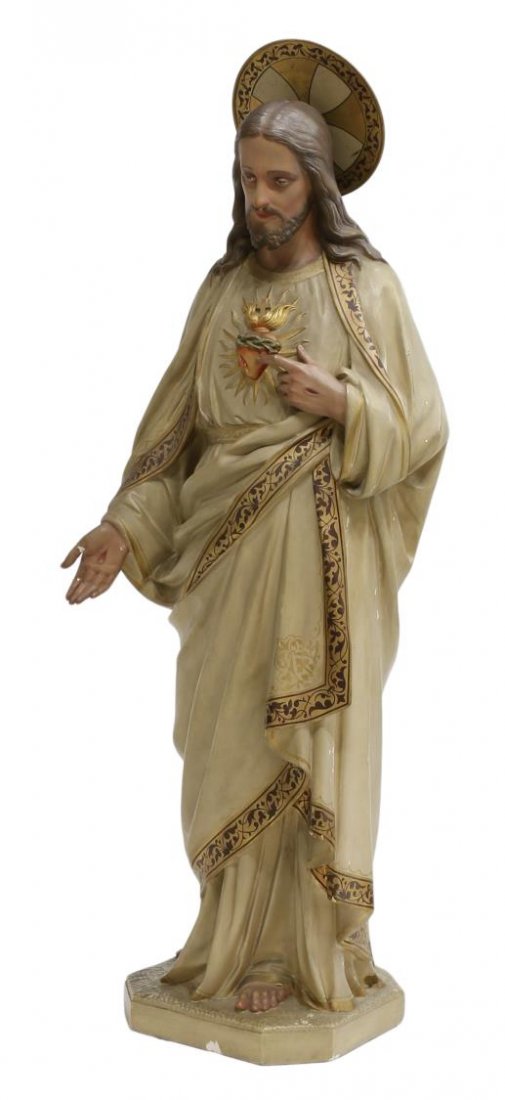 ANTIQUE CONTINENTAL RELIGIOUS FIGURE, SACRED HEART: Large Continental plaster religious figure, The Sacred Heart of Jesus, the sanding figure beneath a halo clothed in parcel gilt robes, signed to one side J. Van Den Broeck, Kammenstr. 70, Antwerpen, s