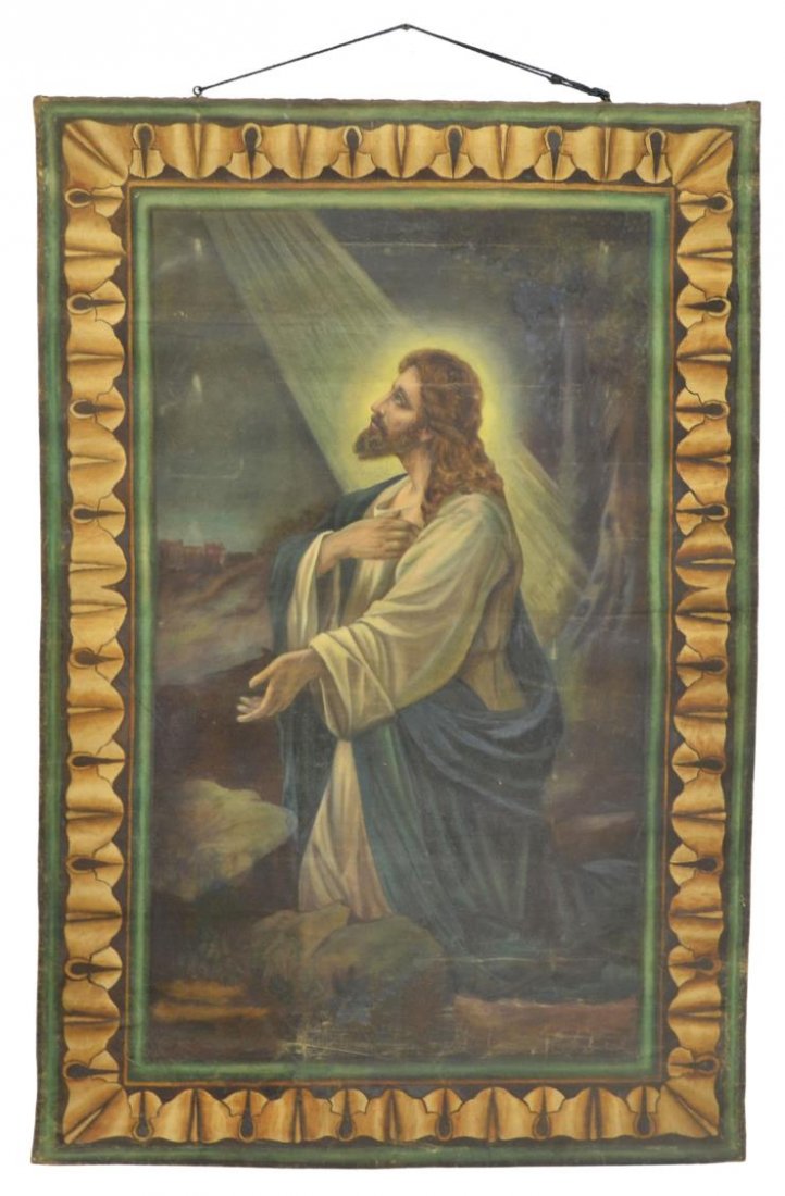 ANTIQUE RELIGIOUS SPAIN PAINTED TAPESTRY: Religious painted tapestry, Northern Spain, c. 1900, a depiction of Christ in Gethsemane, illegible signature verso, hung from a wood crossbar, paint loss, discoloration verso, wear with age, 55"h, 37