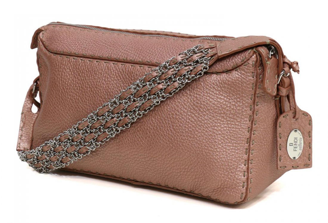FENDI SELLERIA GRAINED ROSE LEATHER PURSE: Fendi "Selleria" grained leather shoulder bag in rose gold, silver toned hardware, short thick leather and chain woven strap, exterior zip pocket, zip opening to beige suede lined interior with single