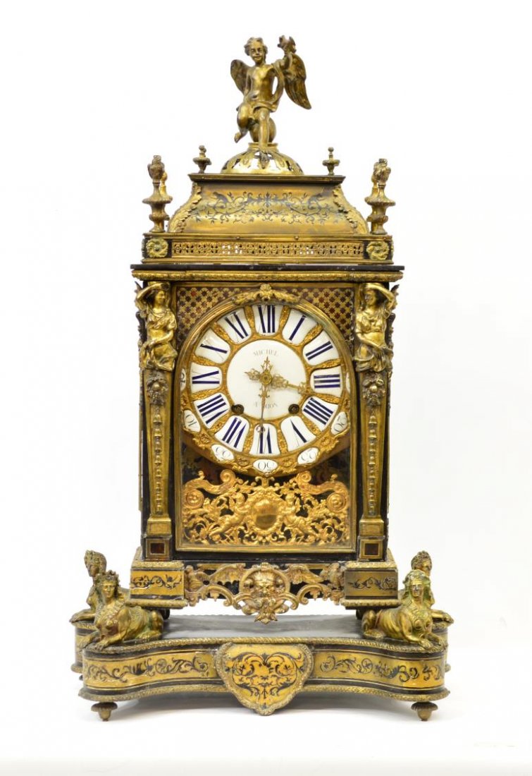 MICHEL DIJON LOUIS XV BOULLE BRACKET CLOCK, C 1750: Magnificent Louis XV ormolu mounted bracket clock, c. 1750, signed Michel, A. Dijon on the dial and time and strike movement, a winged putti in partial drape seated upon the removable architectural to