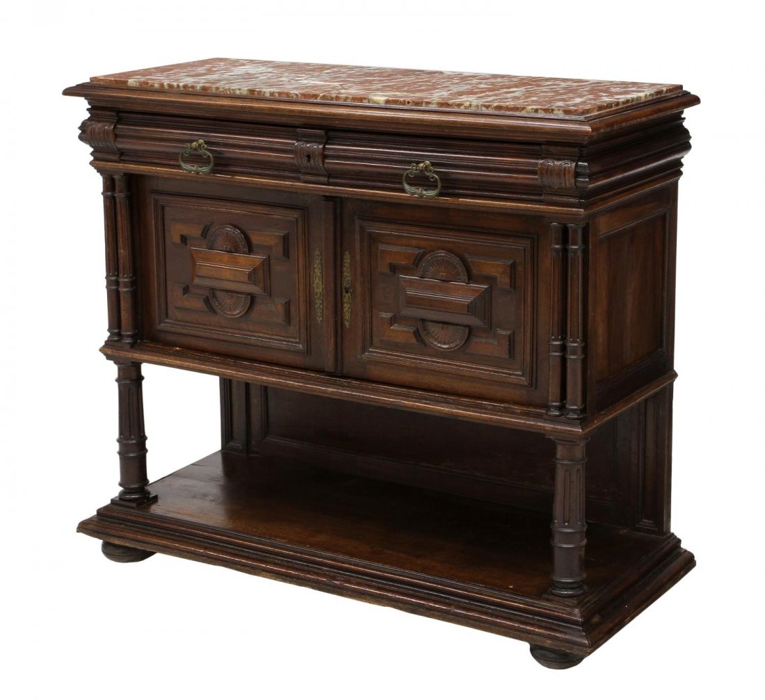 FRENCH HENRI II STYLE MARBLE TOP SIDEBOARD: French Henri II style sideboard, 19th c., having an inset marble top over two drawers and two lower doors with flanking ribbed columns, an open lower section with tapered ribbed supports, raised on sh