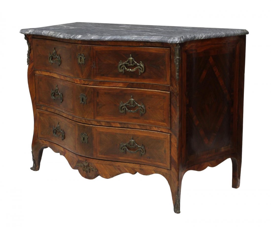 FRENCH LOUIS XV 18TH C. COMMODE: French Louis XV commode, 18th c., a marble top over three serpentine front drawers, serpentine sides, rising on short cabriole legs with ormolu accents, 34.5"h, 51.5"w, 25.5"d Start Price: $1500.00