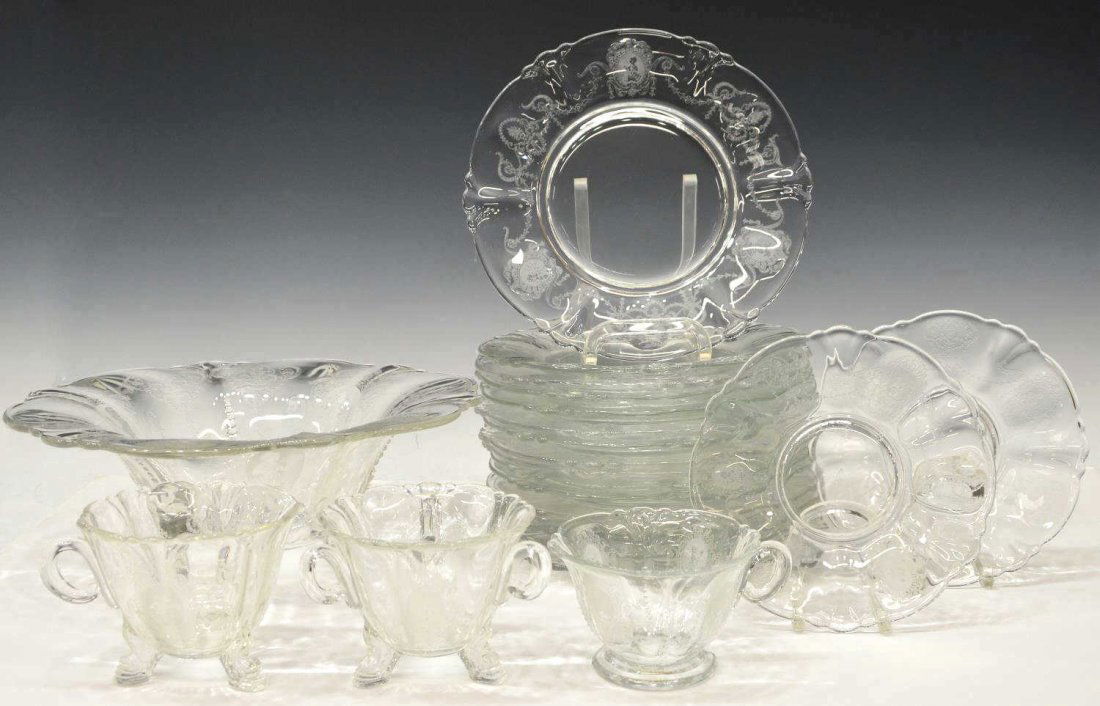 (22) HEISEY MINUET ETHCED GLASS TABLEWARE: (lot of 22) Collection of Heisey etched glass tableware, "Minuet" pattern, including: (16) salad plates, 8"diam; (2) bread and butter plates, marked, 6.25"diam; (1) large footed fruit bowl, 10.25"diam