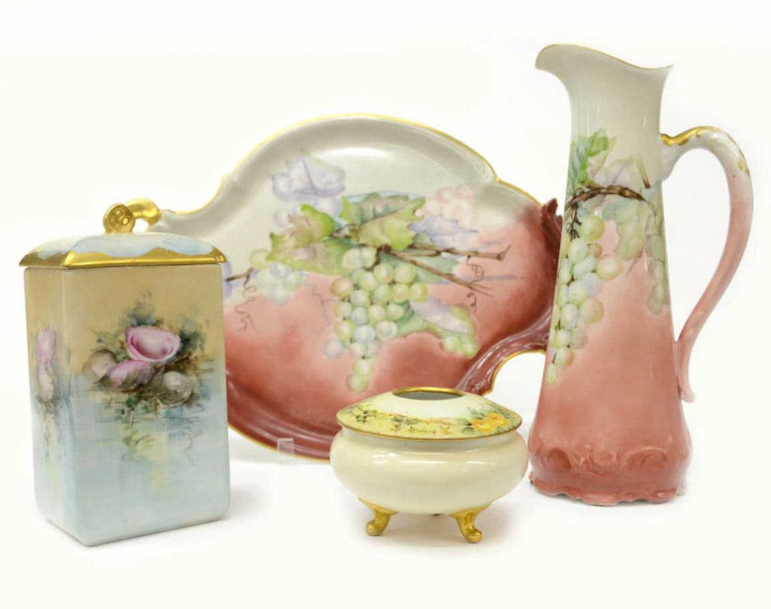 (4) CONTINENTAL PORCELAIN EWER, TRAY & GILT JAR: (lot of 4) Continental porcelain table ware: (2pc) a ewer and underplate with gilded handles, each painted with grape clusters, ewer: 12.5"h, tray: 17.25"l, 12.5"w; (1) lidded porcelain jar, gilded pi
