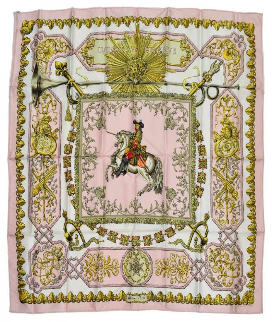 HERMES LUDOVICUS MAGNUS SILK NECK SCARF: Hermes Paris 'Ludovicus Magnus' silk scarf in light pink, design inspired by King Louis XIV originally issued 1963 by Francoise De La Perriere, scarf: approx 35"l, 35"w, .25lb total Start Price: $200.