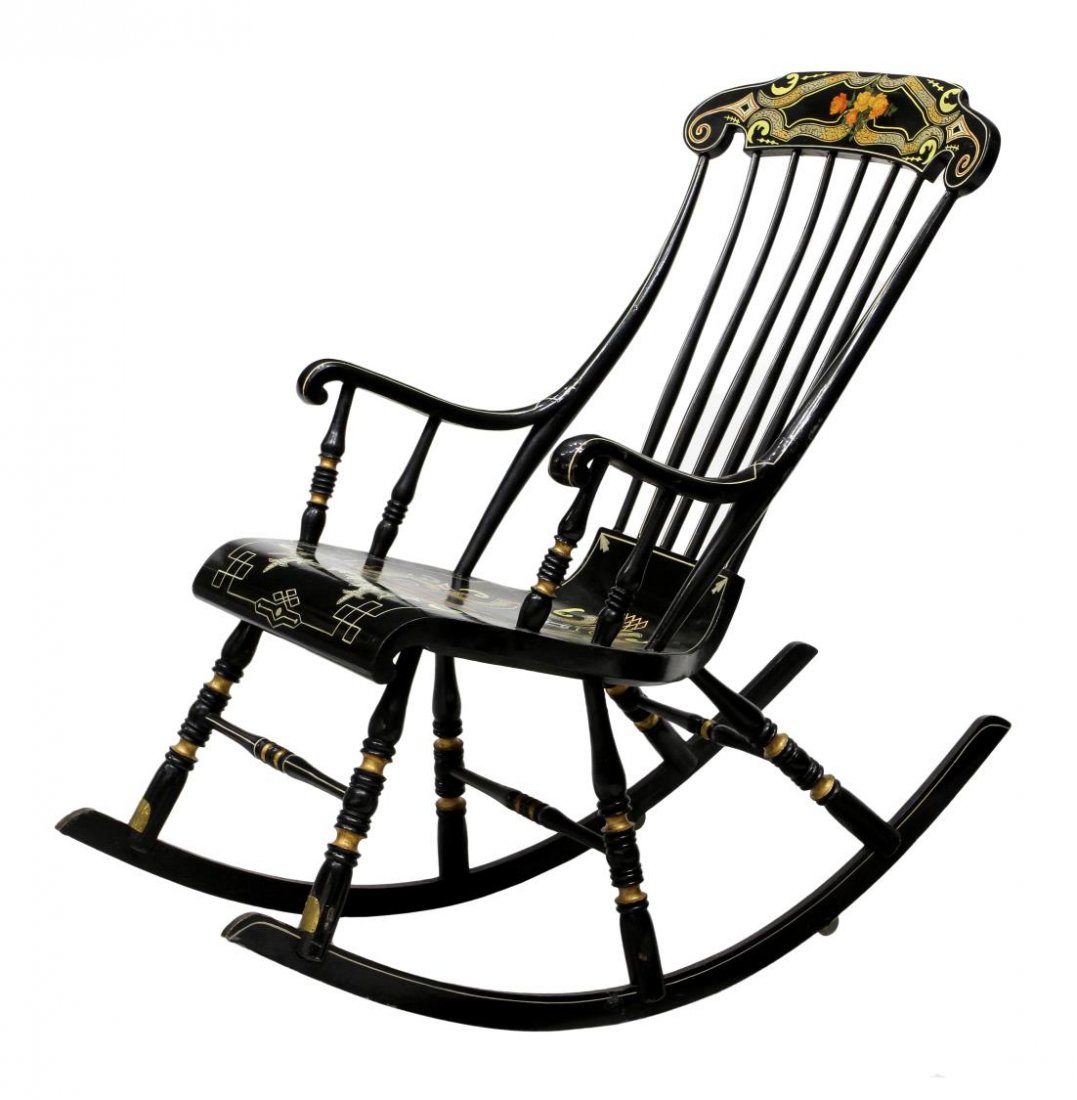 DANISH POLYCHROME BLACK LACQUERED ROCKING CHAIR: Danish parcel gilt spindle back black lacquered rocker with polychrome floral and foliate decoration, 43.25"h, 24"w, 51"d Start Price: $150.00
