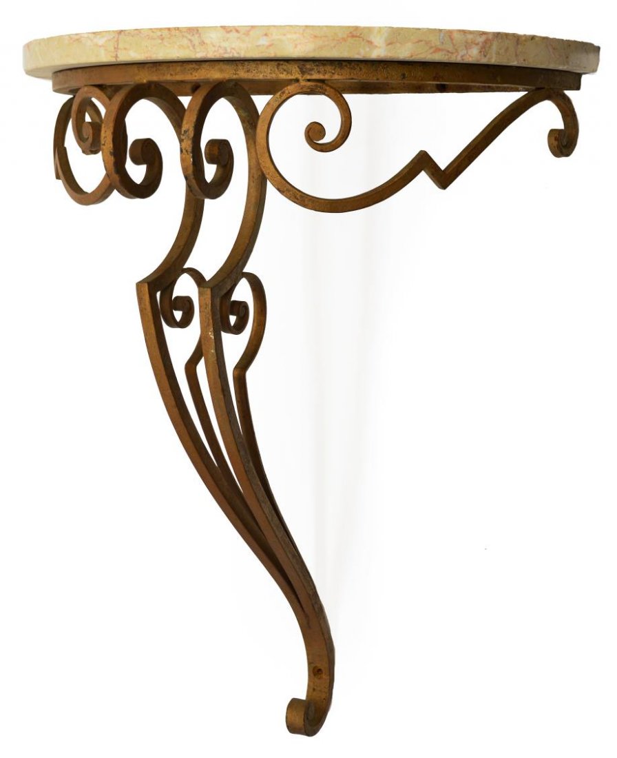 FRENCH MARBLE & WROUGHT IRON BRACKET CONSOLE: French wall mount console table, 20th c., demilune in form with a cream marble top over a shaped iron scrollwork leg, approx 20.5"h, 17"w, 9.25"d, 14lbs total Start Price: $80.00