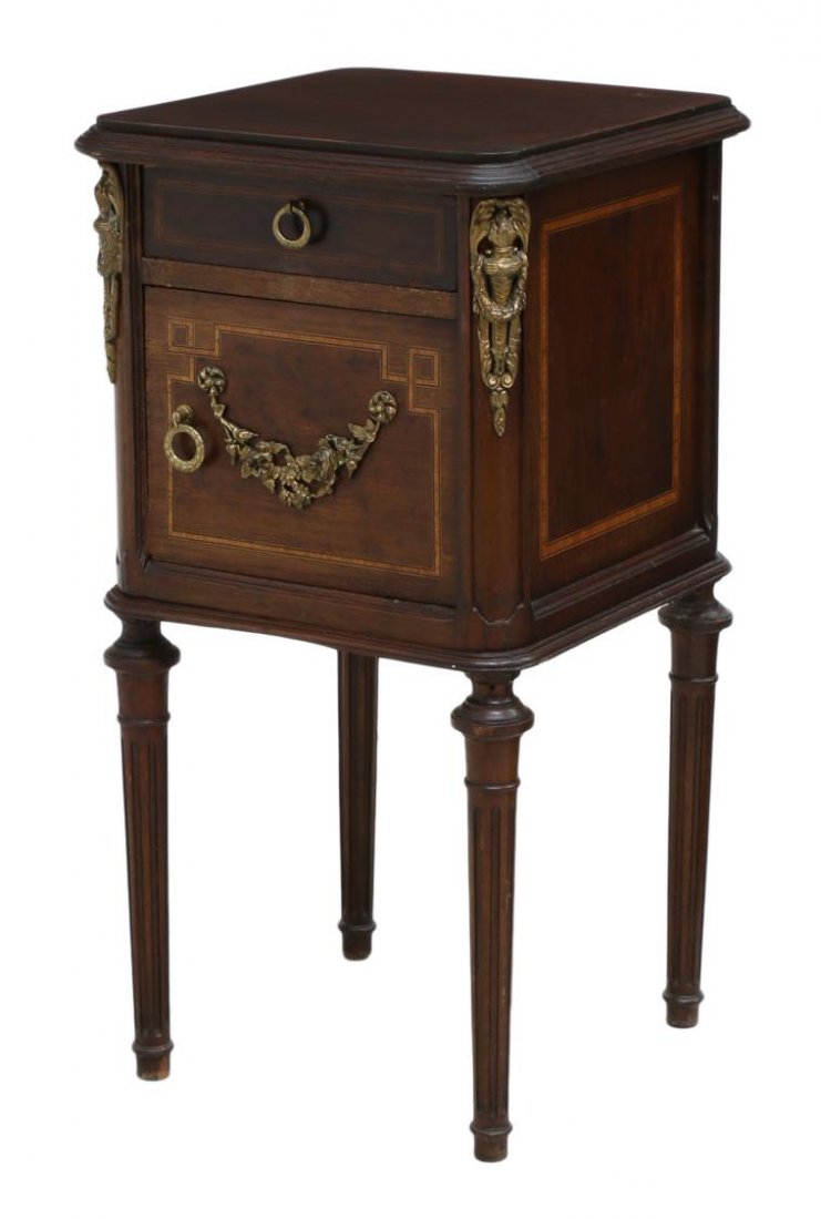 FRENCH LOUIS XVI STYLE BEDSIDE CABINET: French Louis XVI style bedside cabinet, late 19th c., ex. Hotel Aiglon, Menton, France, an inset marble top over a single drawer and lower door opening to the marble lined interior, raised on tapered 