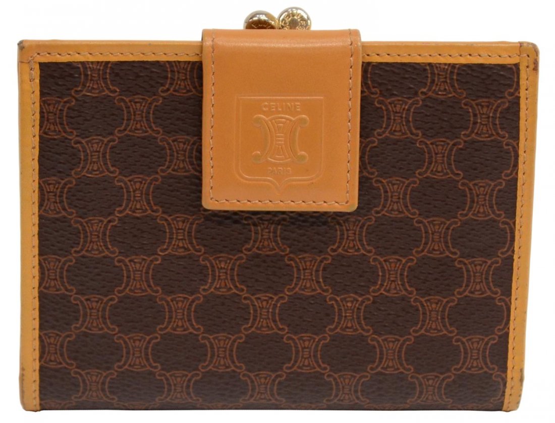 CELINE BROWN MACADAM MONOGRAM BIFOLD WALLET: Celine Paris square bifold wallet in brown macadam monogram canvas, gold tone hardware, beige leather trim and interior, having card slot, single bill pocket, kisslock coin purse, wallet: approx 3.5"h