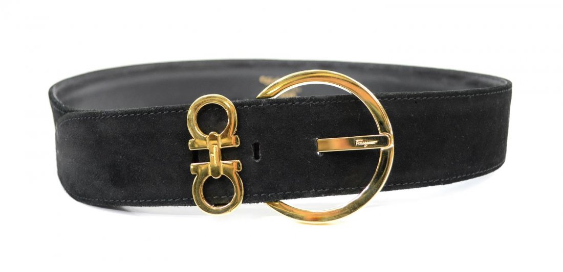 SALVATORE FERRAGAMO BLACK SUEDE BELT: Salvatore Ferragamo black suede belt, gold tone hardware, black interior, marked, wear along edge, belt: size 70, approx 34"l (end to end), 28.25"l (prong to widest notch), .25lbs total Start Price: $