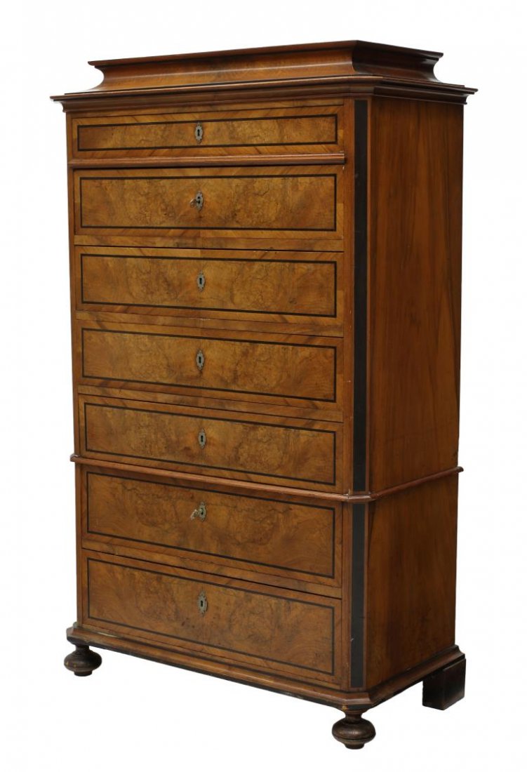 DANISH ANTIQUE CHEST OF DRAWERS: Danish antique chest of drawers, 1870's, having a shaped top over seven burl faced drawers rising on bun feet, 65"h, 40"w, 20"d