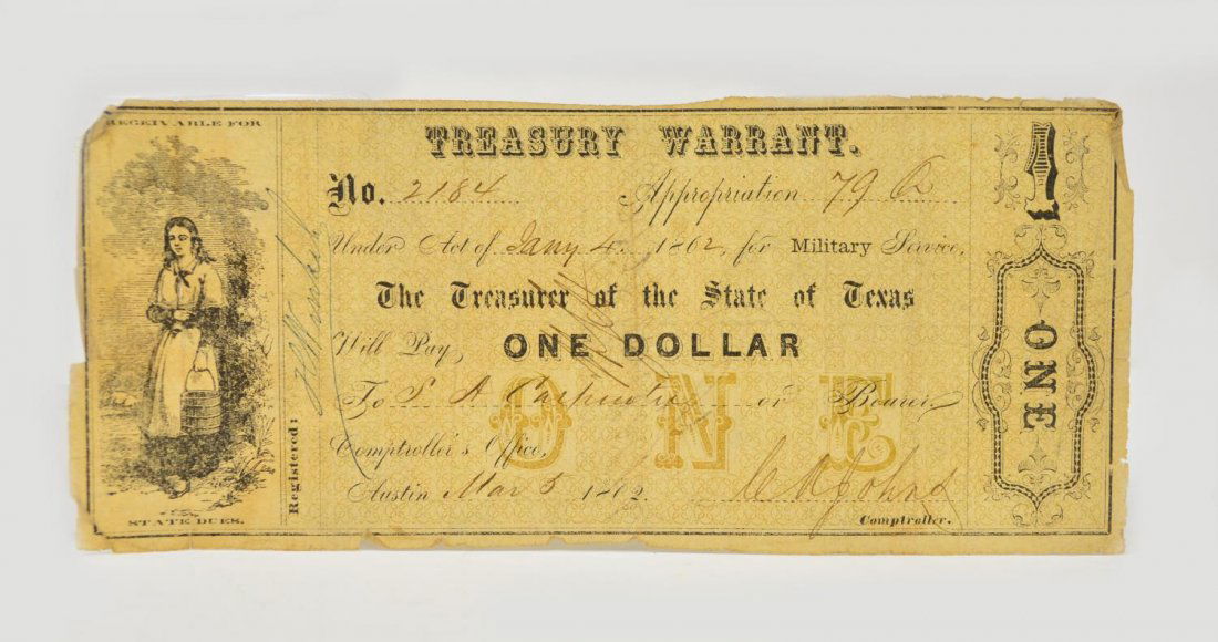 TEXAS 1862 TREASURY WARRANT, MILITARY SERVICE: State of Texas Treasury warrant one dollar bonus for military service in the Confederate Army, dated March 5, 1862, appears payable to S.A. Carpenter