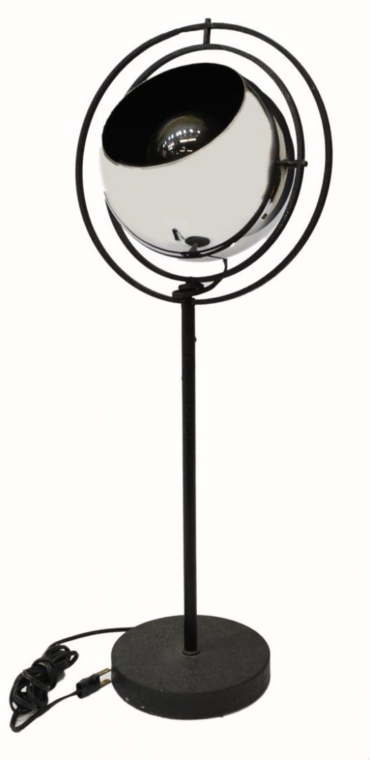 SONNEMAN CHROME & STEEL ORBITER TABLE LAMP: Modern chrome "Orbiter" table lamp, design attributed to Robert Sonneman (American, 20th century), single light enclosed by a chromed steel orb, on a steel rod standard ending in a round steel base, a