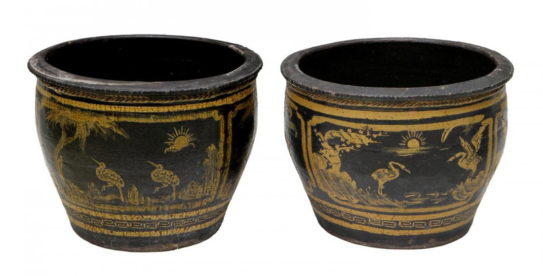 (2) LARGE ASIAN WILDLIFE DECORATED GARDEN PLANTERS: (lot of 2) Asian earthenware garden planters, large tapered round form decorated with birds and deer in landscape, approx 15"h, 19.5"w, total: 68lbs Start Price: $80.00