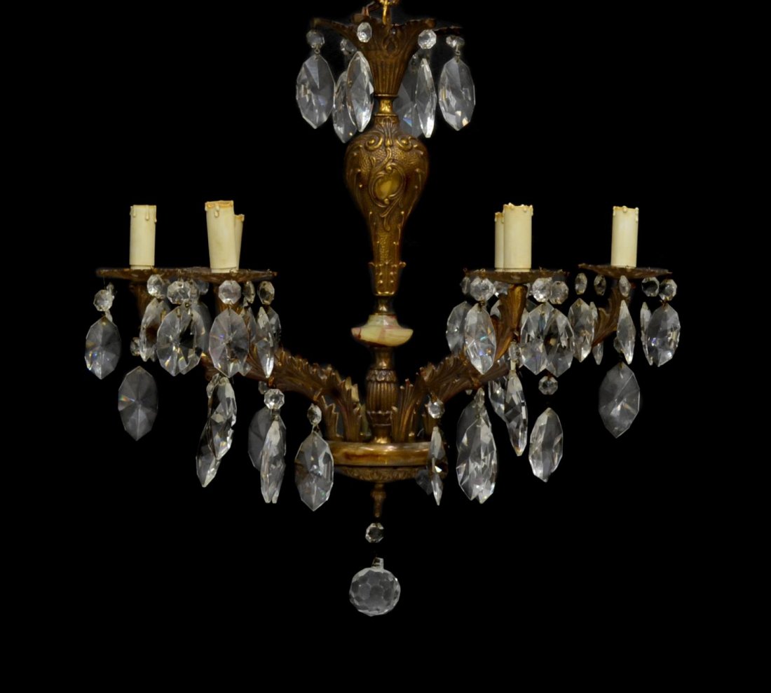 ITALIAN BRONZE FINISH & CRYSTAL PRISM CHANDELIER: Italian bronze finish and crystal prism six- light chandelier, scroll relief standard having cut green alabaster center with base issuing six scrolled leaf shaped arms holding cut bobeches and faux ca